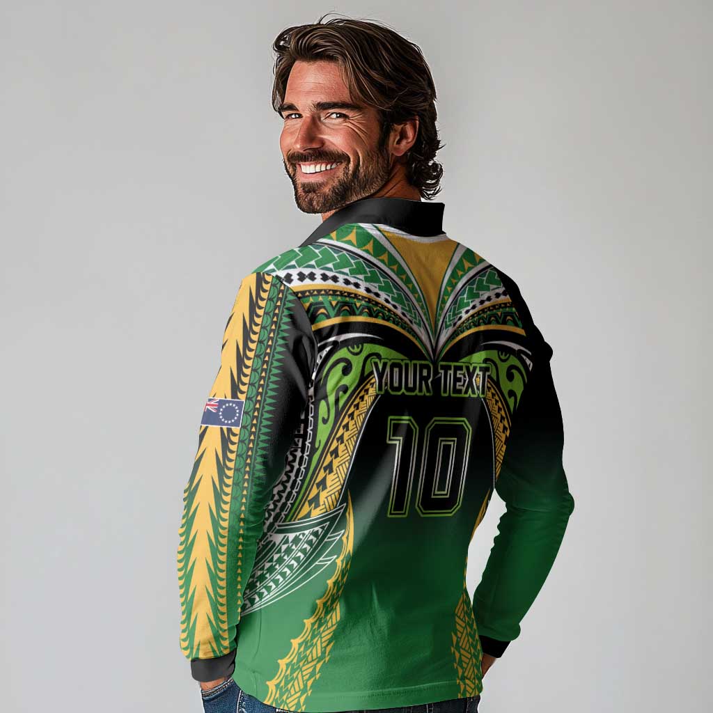 Custom Cook Islands Rugby League Long Sleeve Polo Shirt Avaiki Tatau Tribal Motifs Black Color - Aussie Hoodie