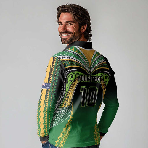 Custom Cook Islands Rugby League Long Sleeve Polo Shirt Avaiki Tatau Tribal Motifs Black Color - Aussie Hoodie