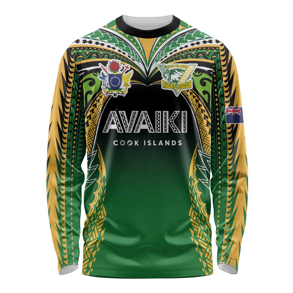 Custom Cook Islands Rugby League Long Sleeve Shirt Avaiki Tatau Tribal Motifs Black Color - Aussie Hoodie
