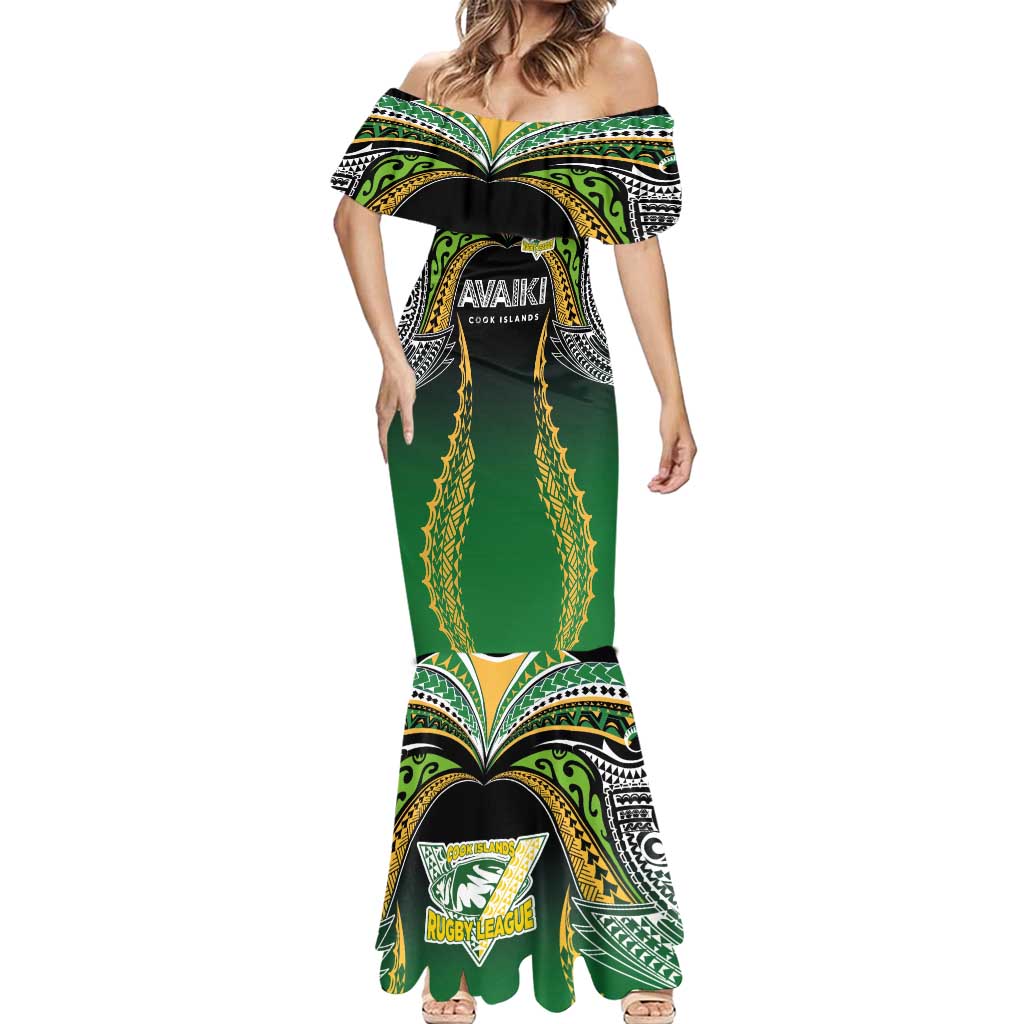 Custom Cook Islands Rugby League Mermaid Dress Avaiki Tatau Tribal Motifs Black Color - Aussie Hoodie