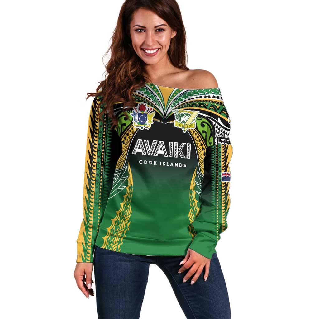 Custom Cook Islands Rugby League Off Shoulder Sweater Avaiki Tatau Tribal Motifs Black Color - Aussie Hoodie