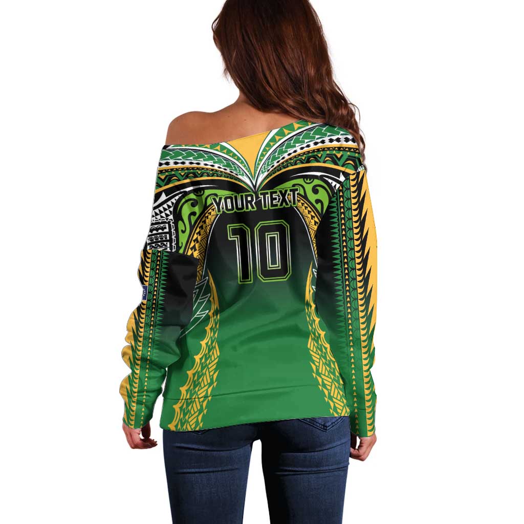 Custom Cook Islands Rugby League Off Shoulder Sweater Avaiki Tatau Tribal Motifs Black Color - Aussie Hoodie