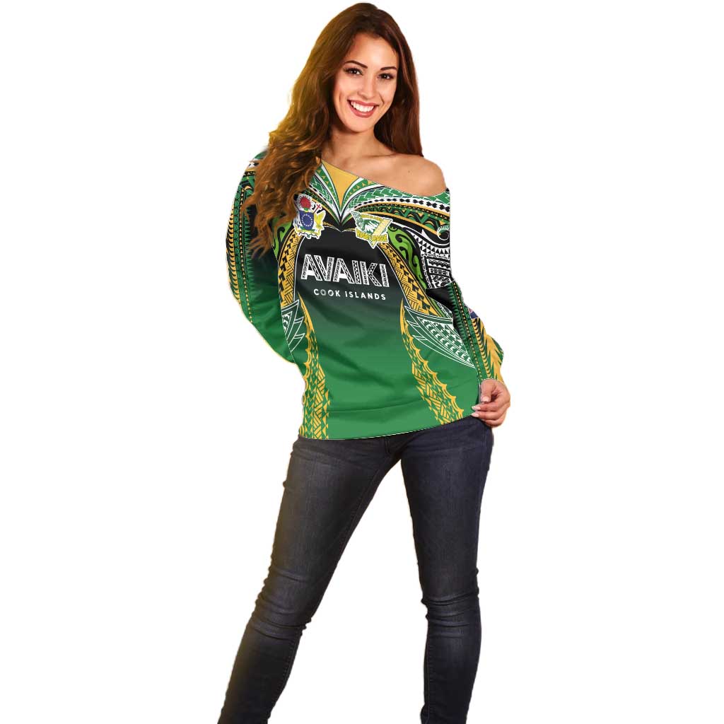 Custom Cook Islands Rugby League Off Shoulder Sweater Avaiki Tatau Tribal Motifs Black Color - Aussie Hoodie