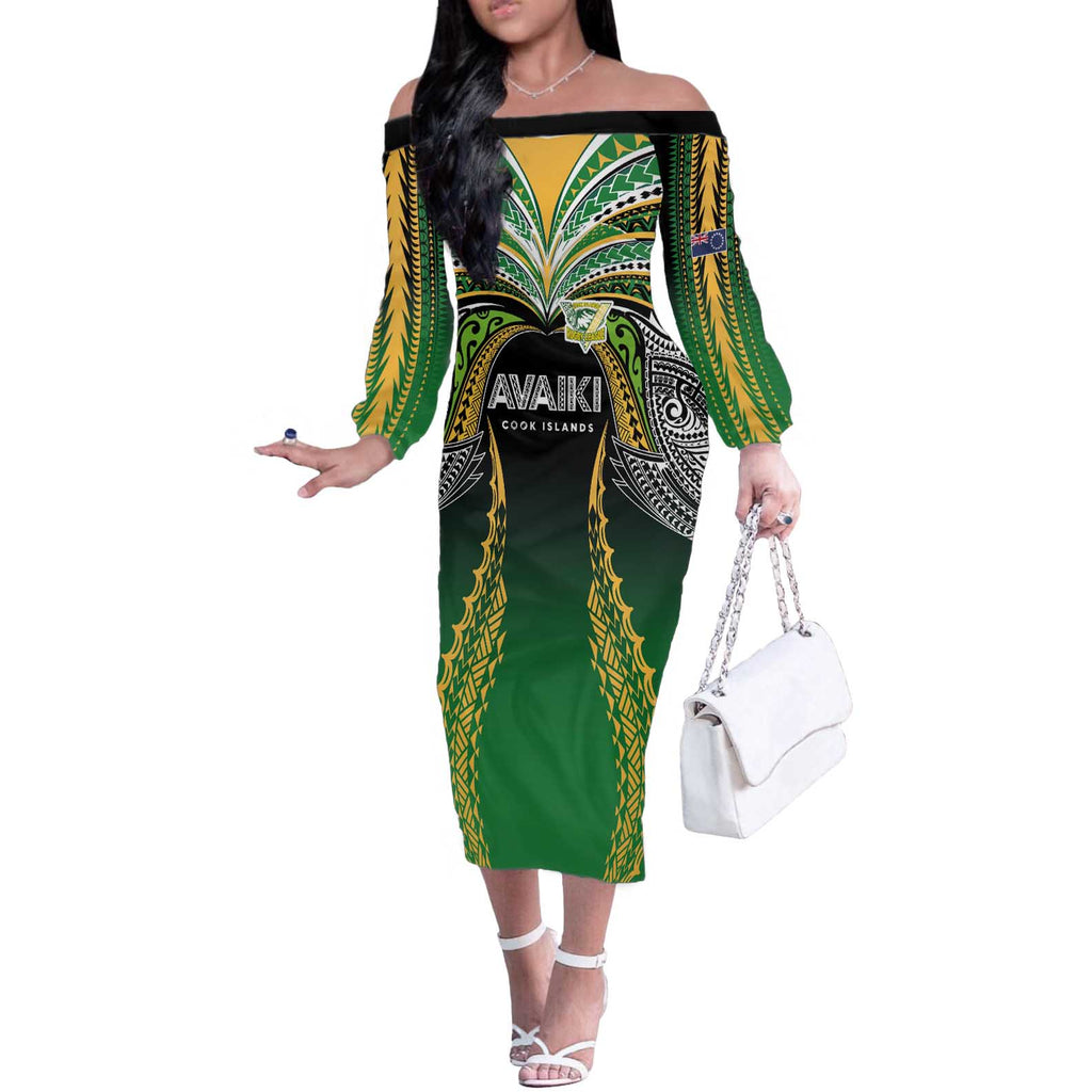 Custom Cook Islands Rugby League Off The Shoulder Long Sleeve Dress Avaiki Tatau Tribal Motifs Black Color - Aussie Hoodie