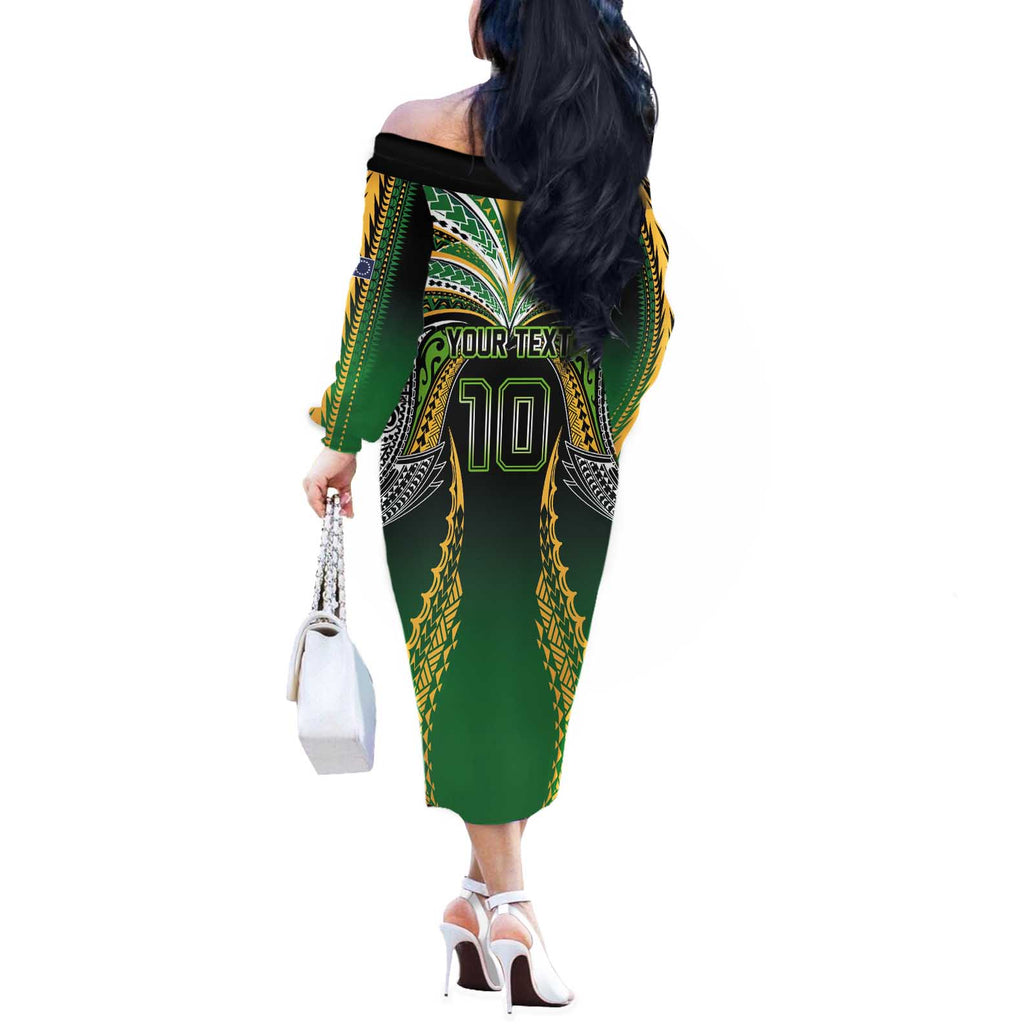Custom Cook Islands Rugby League Off The Shoulder Long Sleeve Dress Avaiki Tatau Tribal Motifs Black Color - Aussie Hoodie