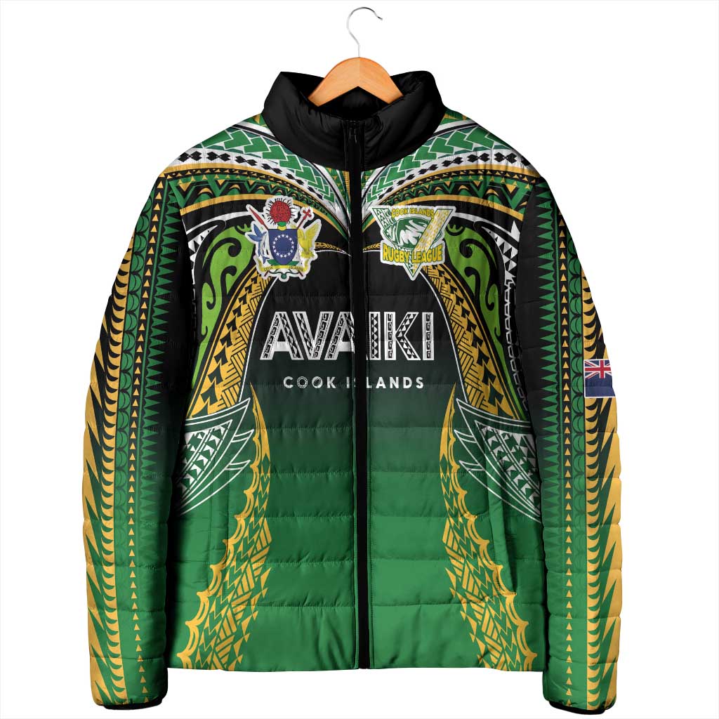 Custom Cook Islands Rugby League Padded Jacket Avaiki Tatau Tribal Motifs Black Color - Aussie Hoodie