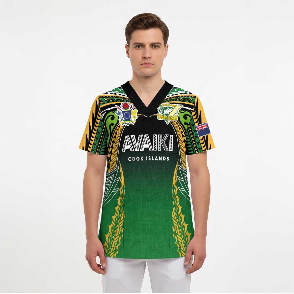 Custom Cook Islands Rugby League Scrub Top Avaiki Tatau Tribal Motifs Black Color - Aussie Hoodie
