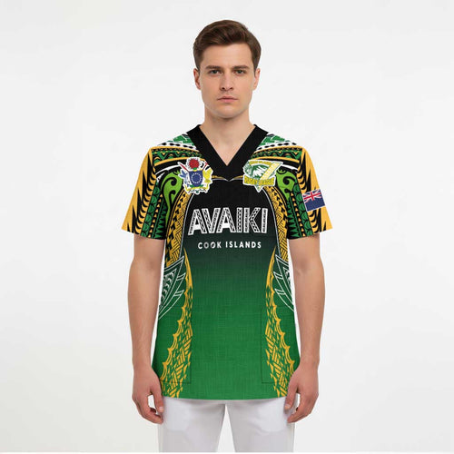 Custom Cook Islands Rugby League Scrub Top Avaiki Tatau Tribal Motifs Black Color - Aussie Hoodie