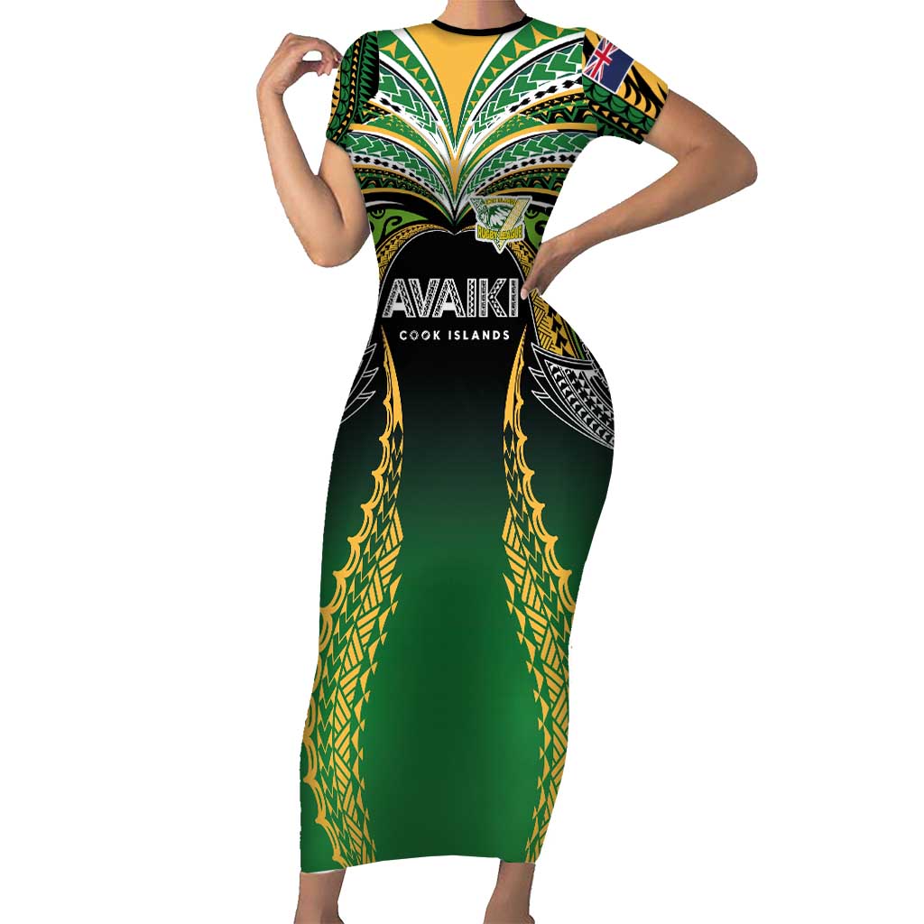 Custom Cook Islands Rugby League Short Sleeve Bodycon Dress Avaiki Tatau Tribal Motifs Black Color - Aussie Hoodie