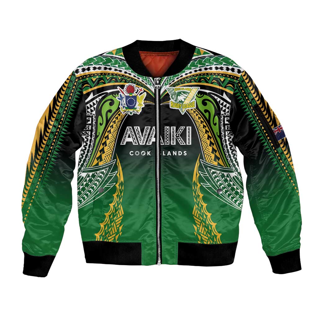 Custom Cook Islands Rugby League Sleeve Zip Bomber Jacket Avaiki Tatau Tribal Motifs Black Color - Aussie Hoodie