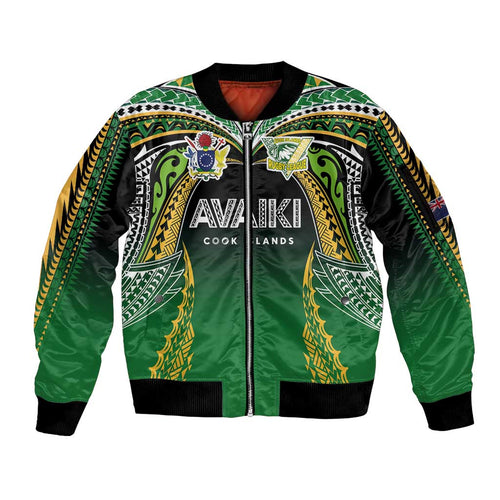 Custom Cook Islands Rugby League Sleeve Zip Bomber Jacket Avaiki Tatau Tribal Motifs Black Color - Aussie Hoodie