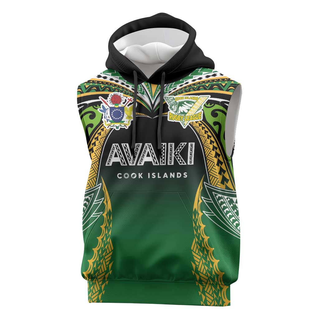 Custom Cook Islands Rugby League Sleeveless Hoodie Avaiki Tatau Tribal Motifs Black Color - Aussie Hoodie