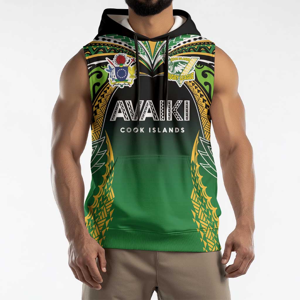 Custom Cook Islands Rugby League Sleeveless Hoodie Avaiki Tatau Tribal Motifs Black Color - Aussie Hoodie