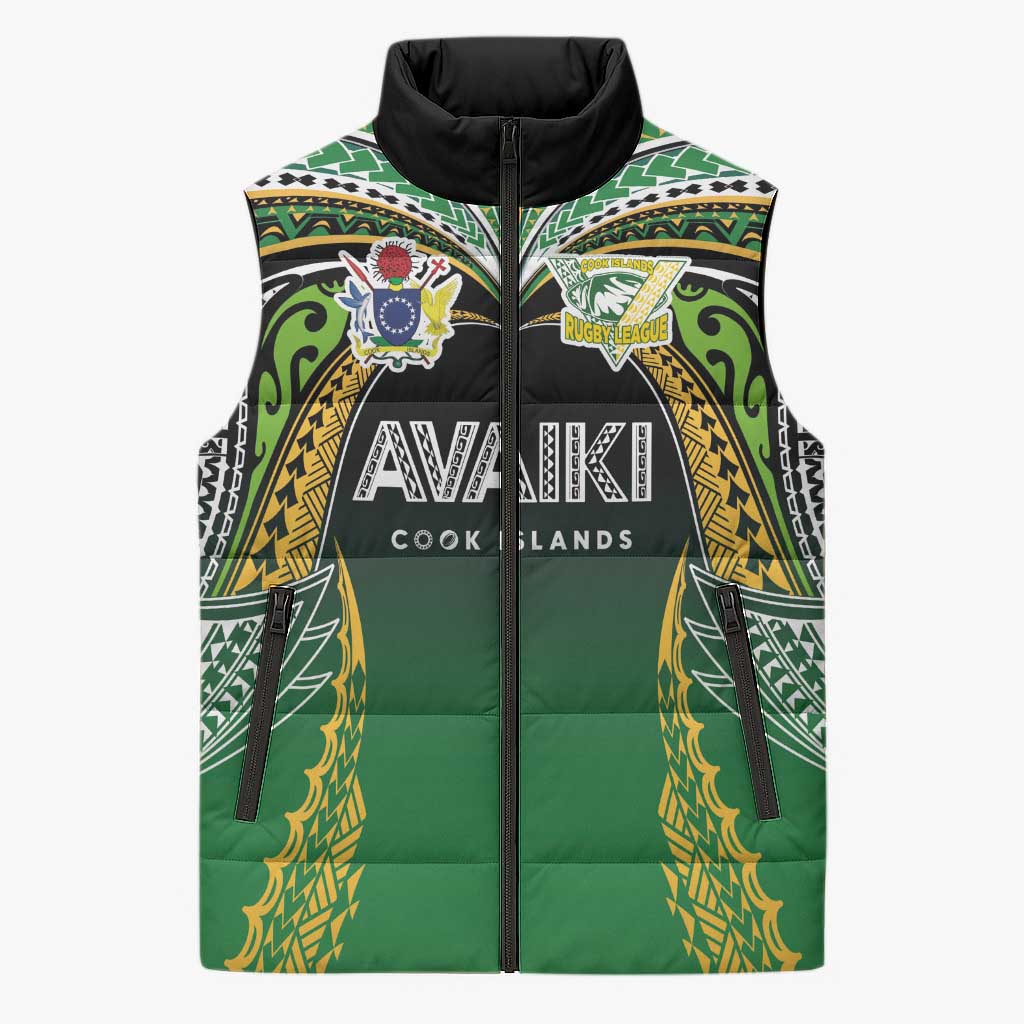 Custom Cook Islands Rugby League Sleeveless Puffer Jacket Avaiki Tatau Tribal Motifs Black Color - Aussie Hoodie
