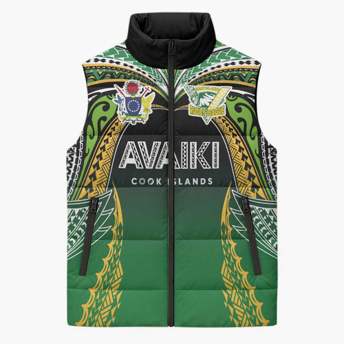 Custom Cook Islands Rugby League Sleeveless Puffer Jacket Avaiki Tatau Tribal Motifs Black Color - Aussie Hoodie
