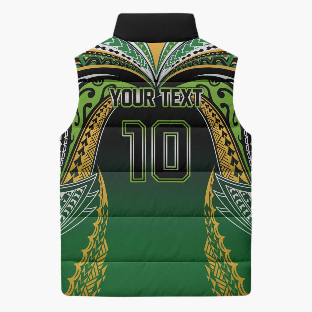 Custom Cook Islands Rugby League Sleeveless Puffer Jacket Avaiki Tatau Tribal Motifs Black Color - Aussie Hoodie