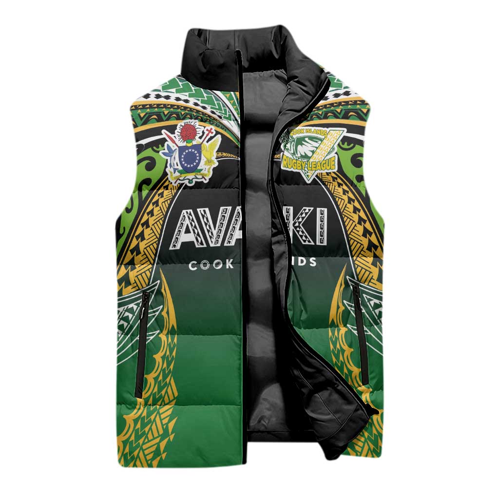 Custom Cook Islands Rugby League Sleeveless Puffer Jacket Avaiki Tatau Tribal Motifs Black Color - Aussie Hoodie