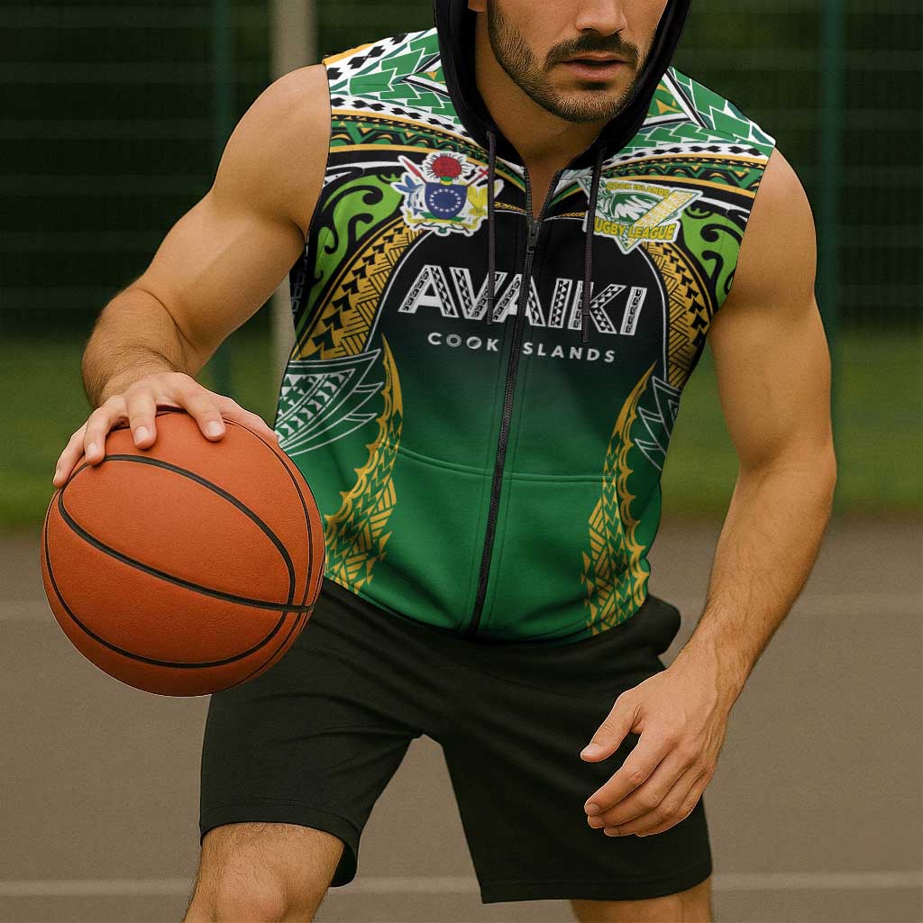 Custom Cook Islands Rugby League Sleeveless Zip Hoodie Avaiki Tatau Tribal Motifs Black Color - Aussie Hoodie