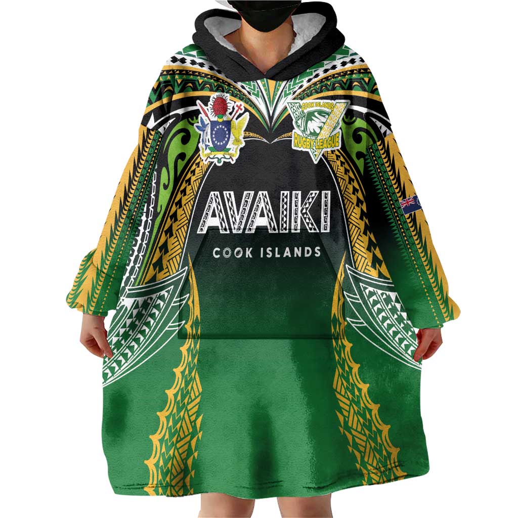 Custom Cook Islands Rugby League Wearable Blanket Hoodie Avaiki Tatau Tribal Motifs Black Color - Aussie Hoodie