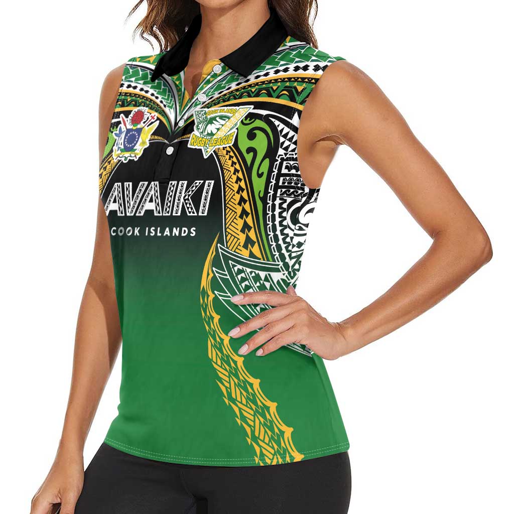 Custom Cook Islands Rugby League Women Sleeveless Polo Shirt Avaiki Tatau Tribal Motifs Black Color - Aussie Hoodie