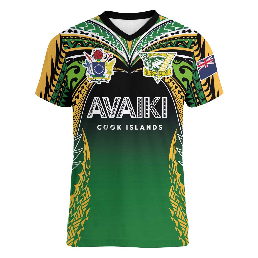 Custom Cook Islands Rugby League Women V-Neck T-Shirt Avaiki Tatau Tribal Motifs Black Color - Aussie Hoodie