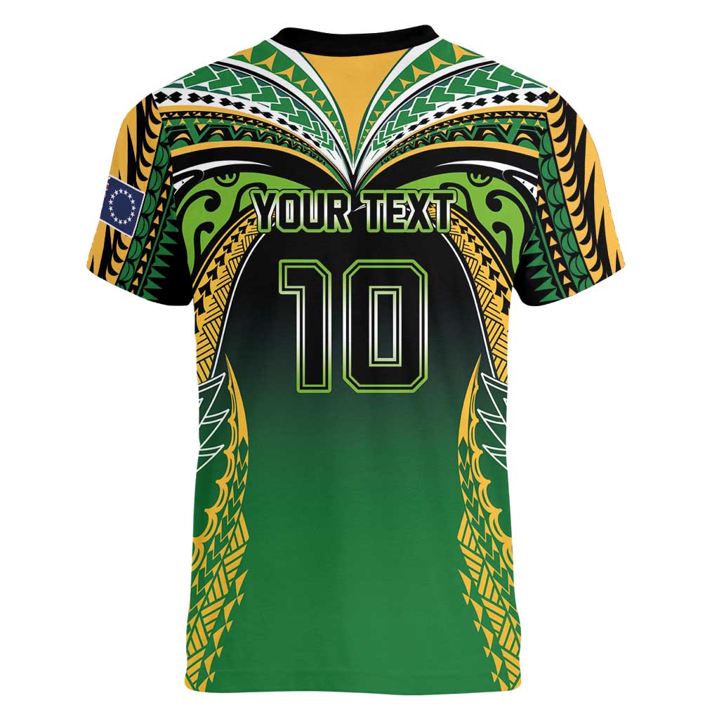Custom Cook Islands Rugby League Women V-Neck T-Shirt Avaiki Tatau Tribal Motifs Black Color - Aussie Hoodie