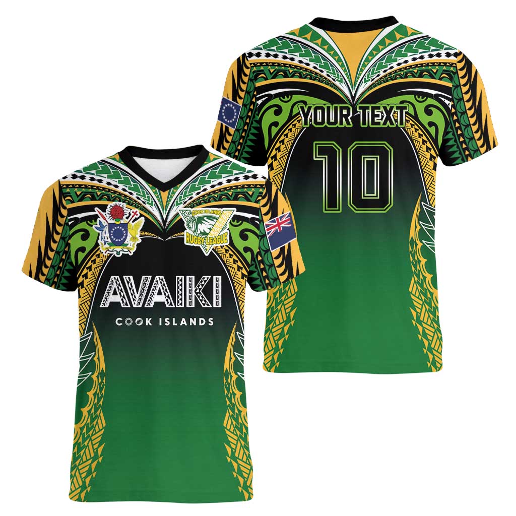 Custom Cook Islands Rugby League Women V-Neck T-Shirt Avaiki Tatau Tribal Motifs Black Color - Aussie Hoodie