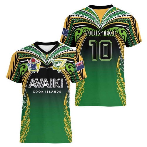 Custom Cook Islands Rugby League Women V-Neck T-Shirt Avaiki Tatau Tribal Motifs Black Color - Aussie Hoodie