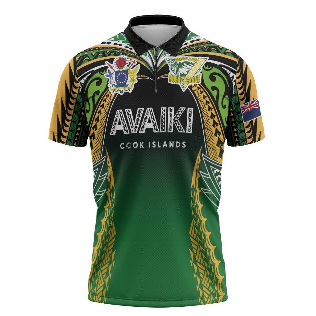 Custom Cook Islands Rugby League Zipper Polo Shirt Avaiki Tatau Tribal Motifs Black Color LT03