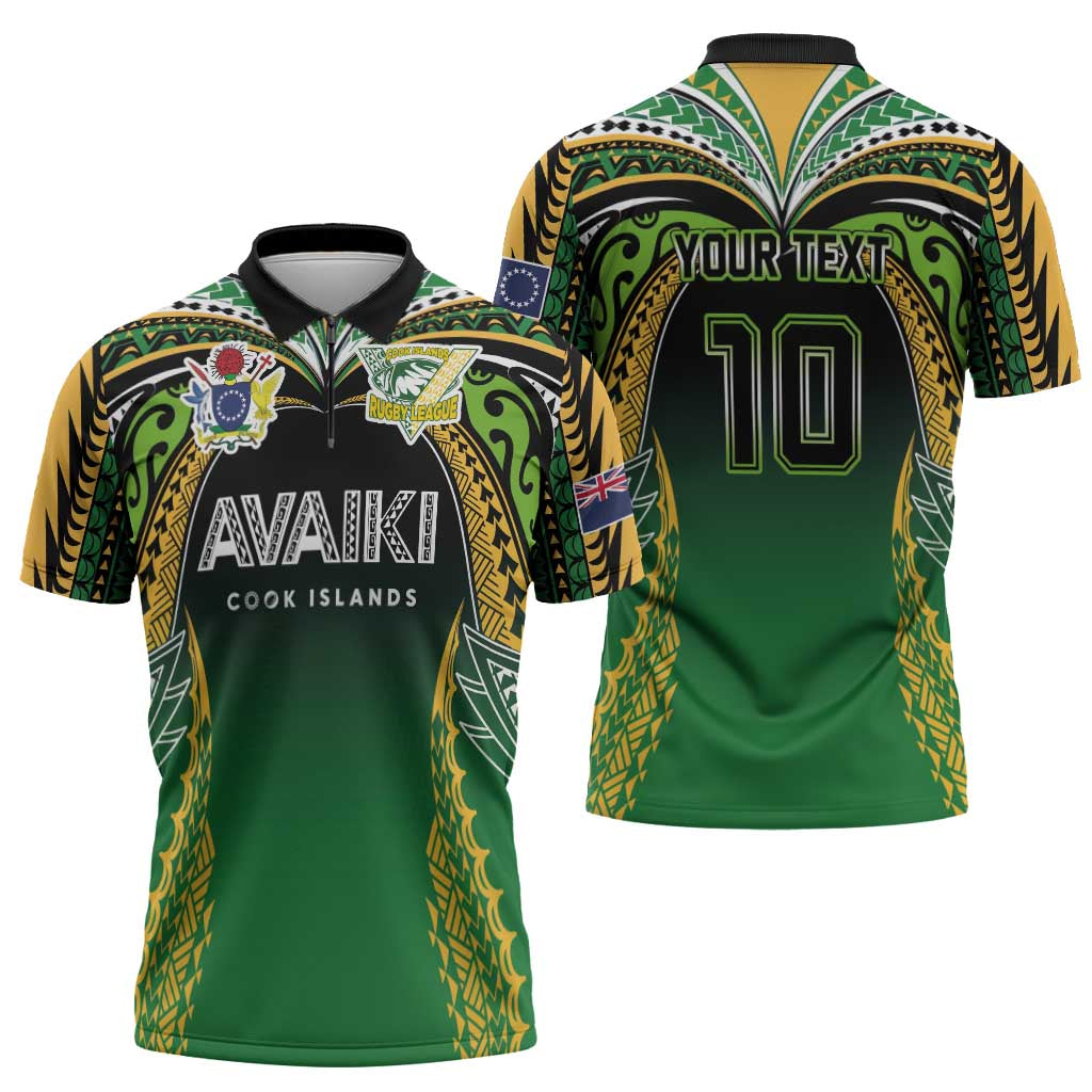 Custom Cook Islands Rugby League Zipper Polo Shirt Avaiki Tatau Tribal Motifs Black Color LT03