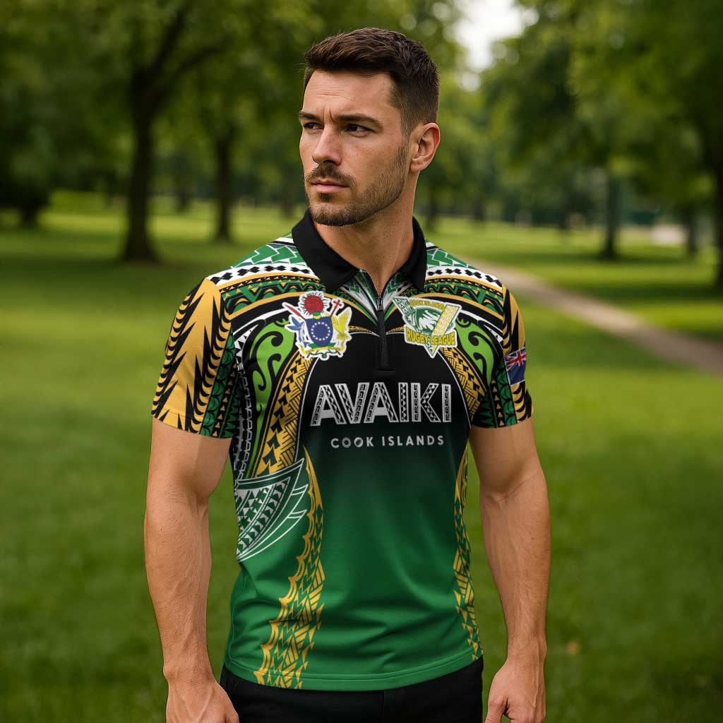 Custom Cook Islands Rugby League Zipper Polo Shirt Avaiki Tatau Tribal Motifs Black Color LT03