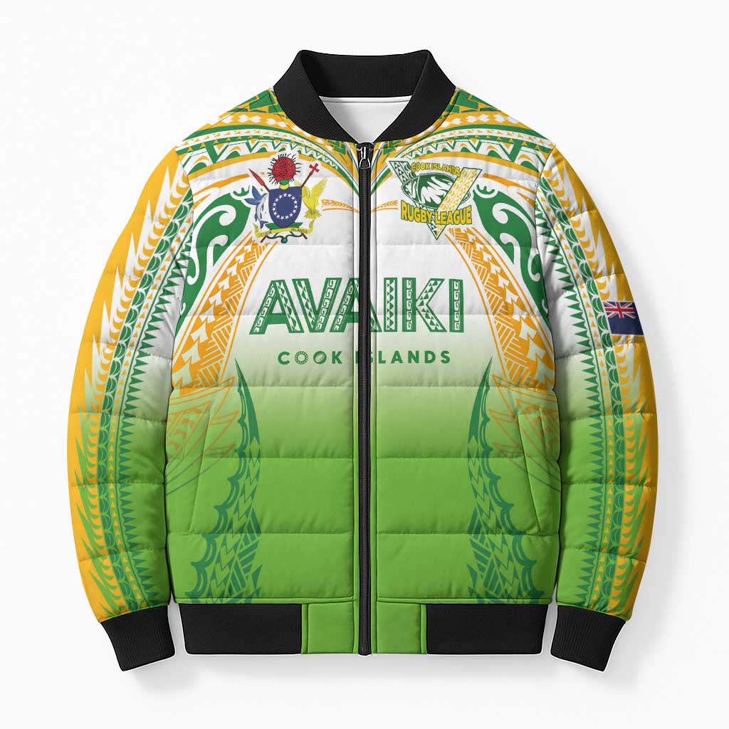Custom Cook Islands Rugby League Bomber Puffer Jacket Avaiki Tatau Tribal Motifs White Color - Aussie Hoodie
