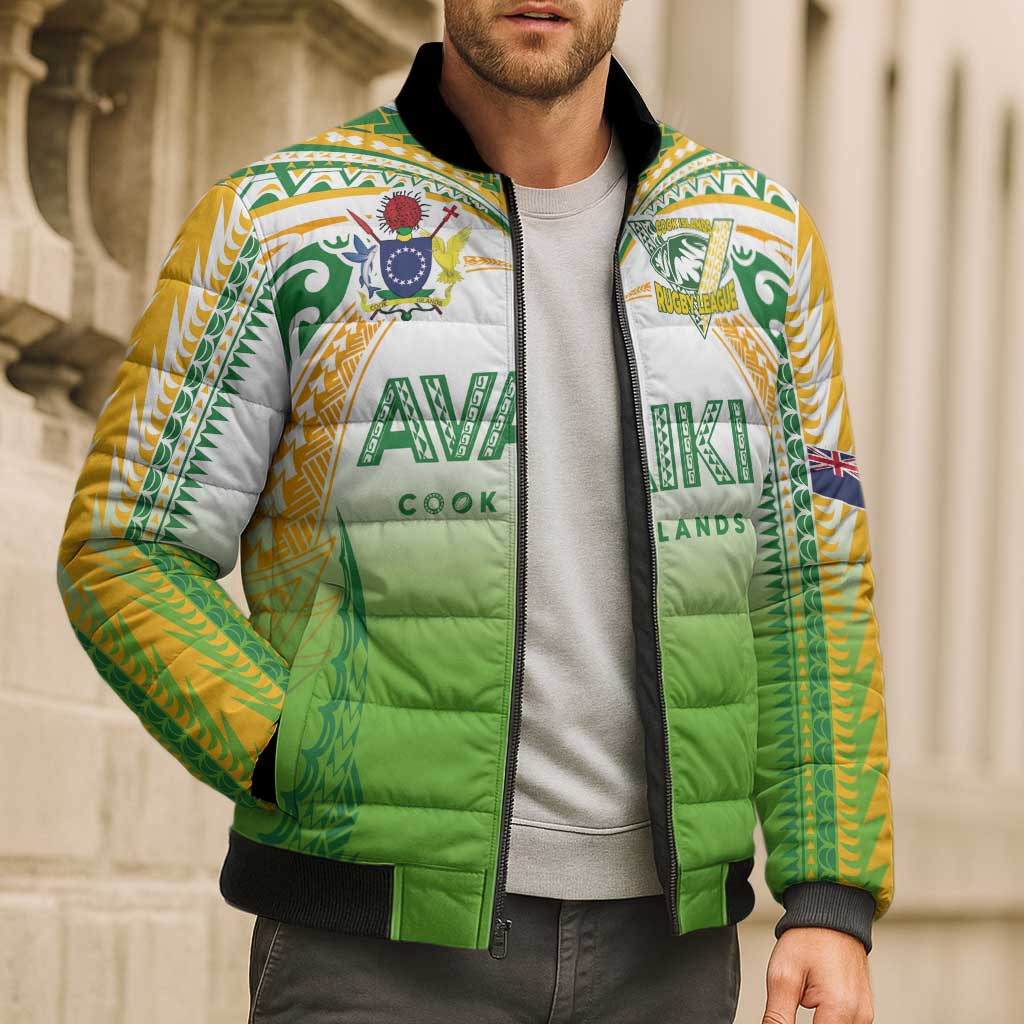 Custom Cook Islands Rugby League Bomber Puffer Jacket Avaiki Tatau Tribal Motifs White Color - Aussie Hoodie