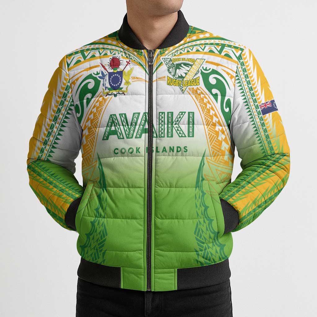 Custom Cook Islands Rugby League Bomber Puffer Jacket Avaiki Tatau Tribal Motifs White Color - Aussie Hoodie