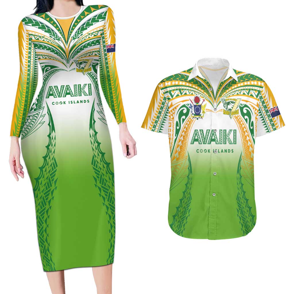 Custom Cook Islands Rugby League Couples Matching Long Sleeve Bodycon Dress and Hawaiian Shirt Avaiki Tatau Tribal Motifs White Color - Aussie Hoodie