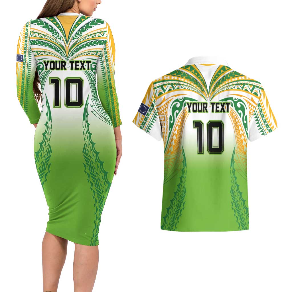 Custom Cook Islands Rugby League Couples Matching Long Sleeve Bodycon Dress and Hawaiian Shirt Avaiki Tatau Tribal Motifs White Color - Aussie Hoodie