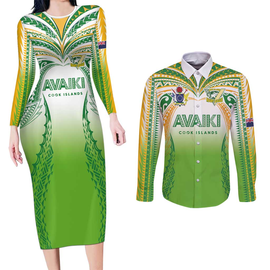 Custom Cook Islands Rugby League Couples Matching Long Sleeve Bodycon Dress and Long Sleeve Button Shirt Avaiki Tatau Tribal Motifs White Color - Aussie Hoodie
