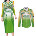 Custom Cook Islands Rugby League Couples Matching Long Sleeve Bodycon Dress and Long Sleeve Button Shirt Avaiki Tatau Tribal Motifs White Color - Aussie Hoodie