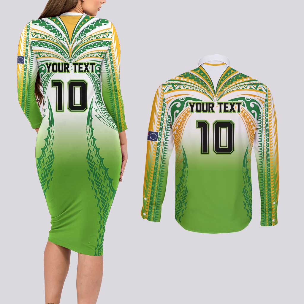 Custom Cook Islands Rugby League Couples Matching Long Sleeve Bodycon Dress and Long Sleeve Button Shirt Avaiki Tatau Tribal Motifs White Color - Aussie Hoodie
