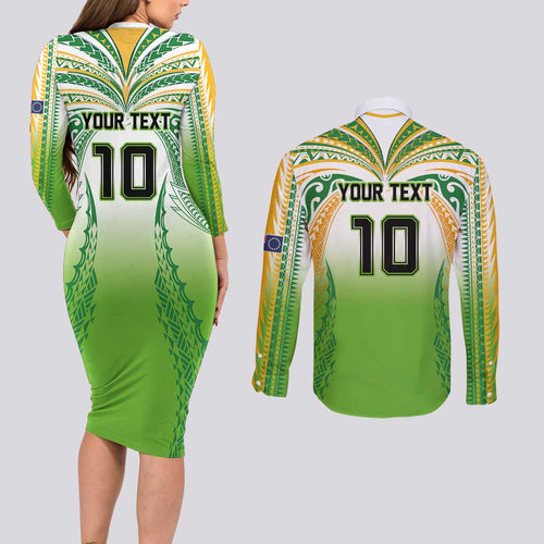 Custom Cook Islands Rugby League Couples Matching Long Sleeve Bodycon Dress and Long Sleeve Button Shirt Avaiki Tatau Tribal Motifs White Color - Aussie Hoodie