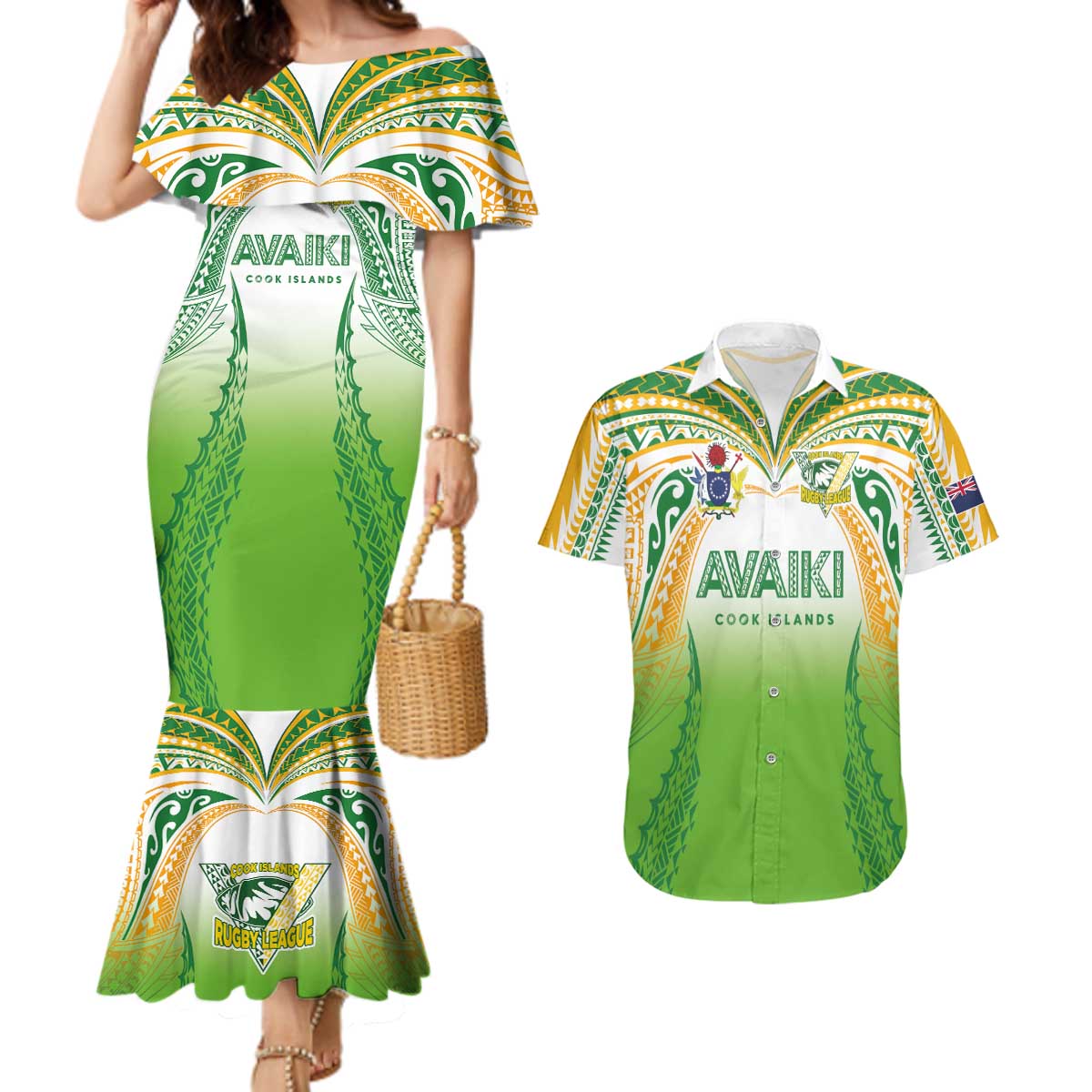 Custom Cook Islands Rugby League Couples Matching Mermaid Dress and Hawaiian Shirt Avaiki Tatau Tribal Motifs White Color - Aussie Hoodie