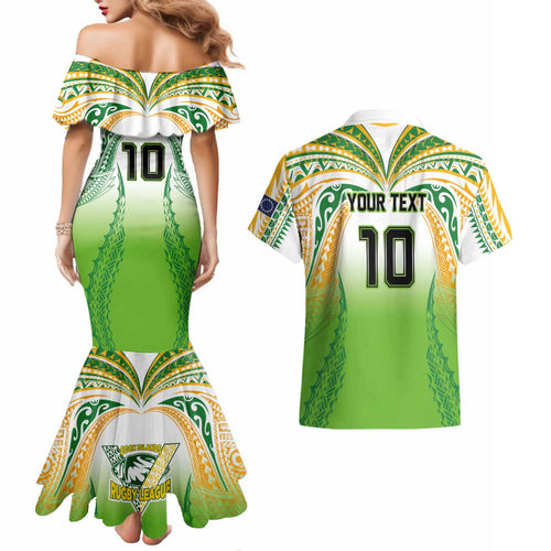 Custom Cook Islands Rugby League Couples Matching Mermaid Dress and Hawaiian Shirt Avaiki Tatau Tribal Motifs White Color - Aussie Hoodie