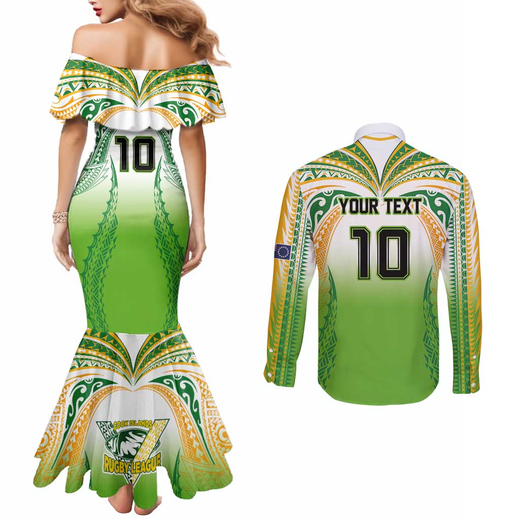Custom Cook Islands Rugby League Couples Matching Mermaid Dress and Long Sleeve Button Shirt Avaiki Tatau Tribal Motifs White Color - Aussie Hoodie