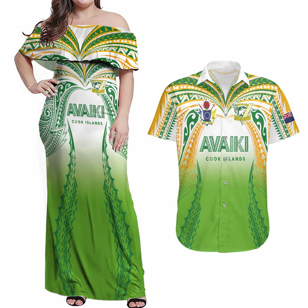 Custom Cook Islands Rugby League Couples Matching Off Shoulder Maxi Dress and Hawaiian Shirt Avaiki Tatau Tribal Motifs White Color - Aussie Hoodie