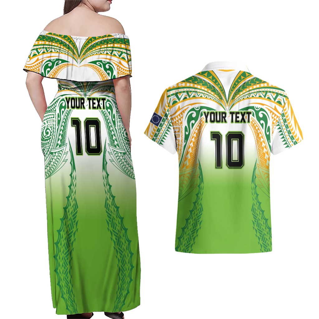 Custom Cook Islands Rugby League Couples Matching Off Shoulder Maxi Dress and Hawaiian Shirt Avaiki Tatau Tribal Motifs White Color - Aussie Hoodie