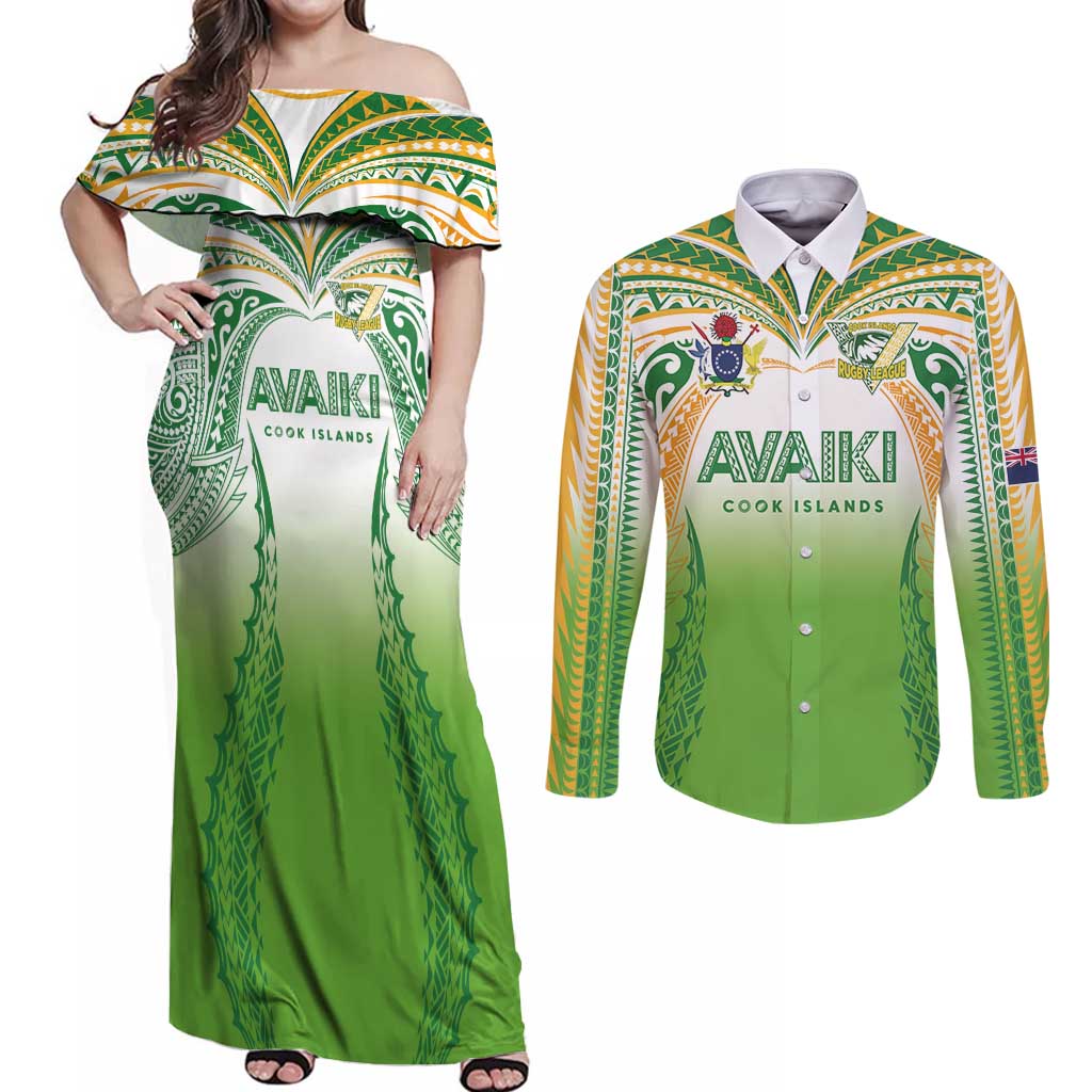Custom Cook Islands Rugby League Couples Matching Off Shoulder Maxi Dress and Long Sleeve Button Shirt Avaiki Tatau Tribal Motifs White Color - Aussie Hoodie