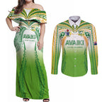 Custom Cook Islands Rugby League Couples Matching Off Shoulder Maxi Dress and Long Sleeve Button Shirt Avaiki Tatau Tribal Motifs White Color - Aussie Hoodie