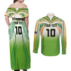 Custom Cook Islands Rugby League Couples Matching Off Shoulder Maxi Dress and Long Sleeve Button Shirt Avaiki Tatau Tribal Motifs White Color - Aussie Hoodie