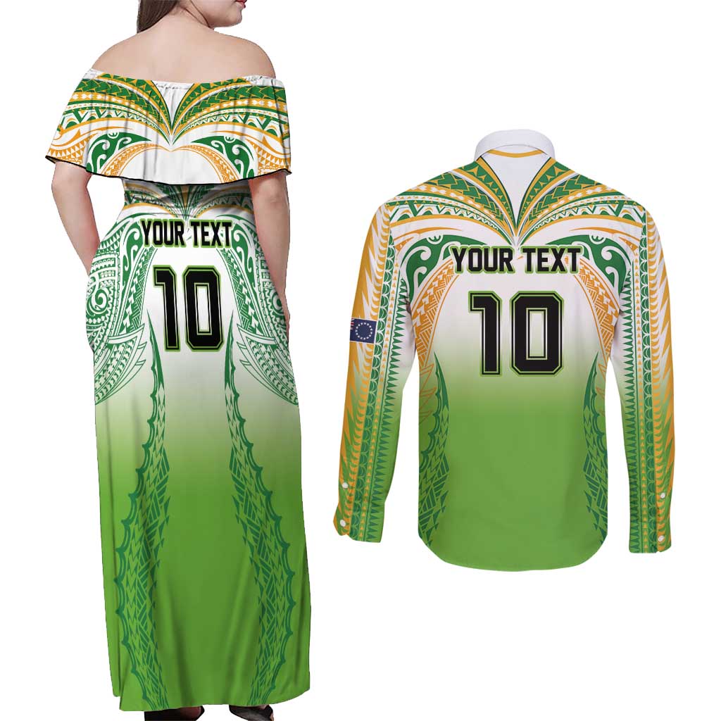 Custom Cook Islands Rugby League Couples Matching Off Shoulder Maxi Dress and Long Sleeve Button Shirt Avaiki Tatau Tribal Motifs White Color - Aussie Hoodie