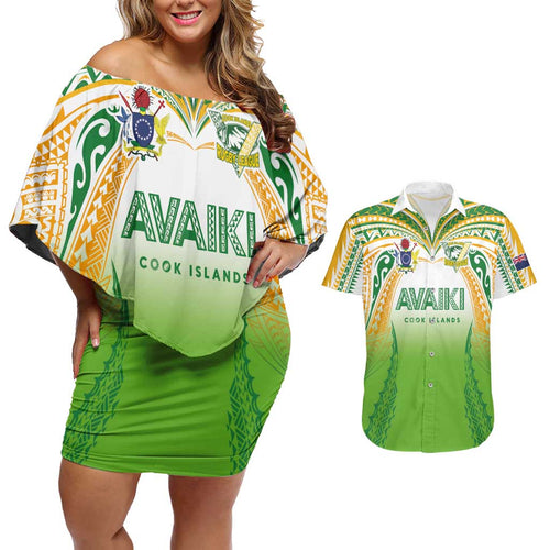 Custom Cook Islands Rugby League Couples Matching Off Shoulder Short Dress and Hawaiian Shirt Avaiki Tatau Tribal Motifs White Color - Aussie Hoodie